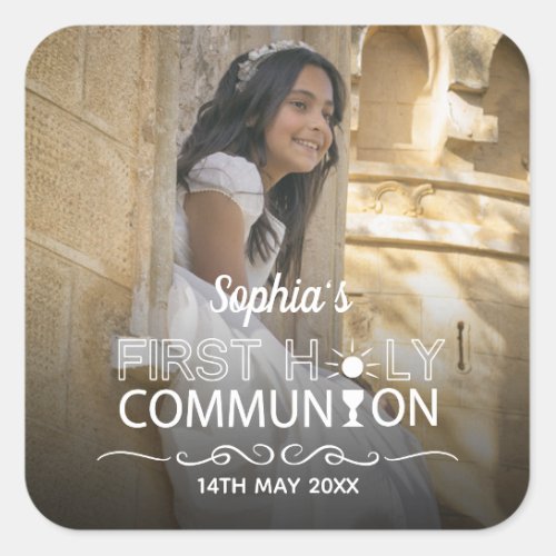 Modern Photo Typography First Holy Communion Square Sticker