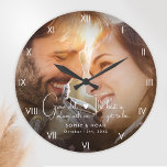 Modern Photo Wall Large Clock<br><div class="desc">Celebrate timeless love with this Custom Photo Wall Large Clock. Featuring one of your favorite photos, elegant script, and classic Roman numerals, it’s a modern and unique keepsake for newlyweds or as an engagement gift. If you’d like help personalizing it to make it truly special, let me know—I’d be happy...</div>