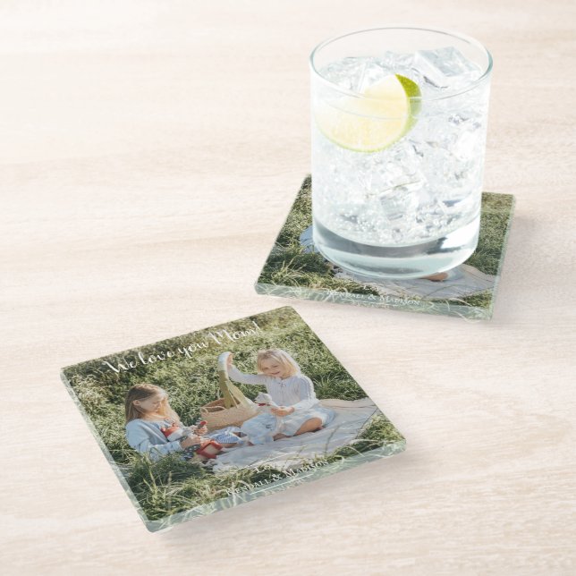 Modern Photo We Love you Mom Glass Coaster (Angled)