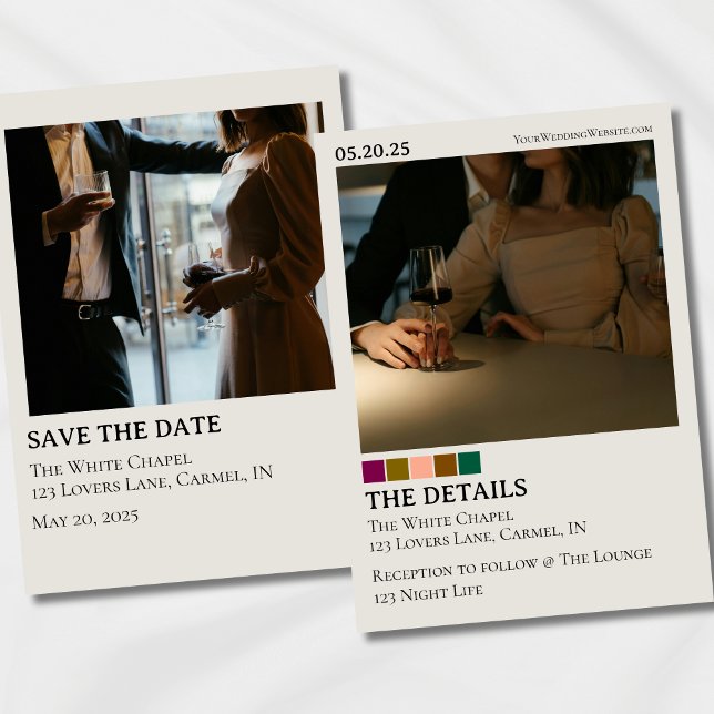 Modern Photo Wedding Attire Colors Save the Date Invitation (Stylish Modern Save the Date card featuring a full photo and details.)