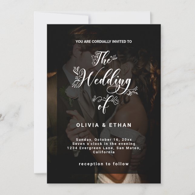 Modern Photo Wedding Black & White Overlay Minimal Invitation (Front)