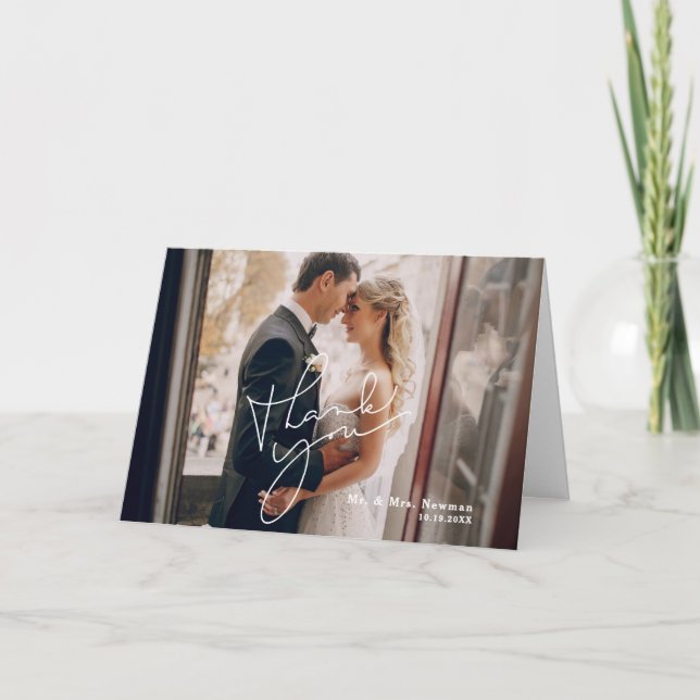 Modern Photo Wedding Calligraphy Script  Letterpress Thank You Card (Front)