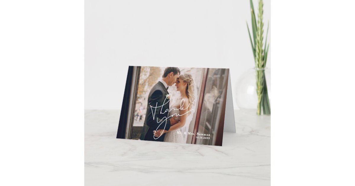 Modern Photo Wedding Calligraphy Script Thank You Card | Zazzle