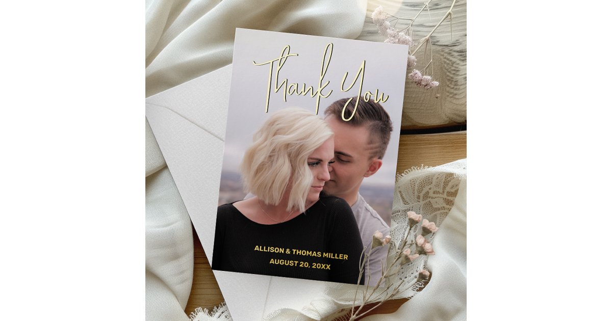 Modern Photo Wedding Gold Foil Thank You Card | Zazzle