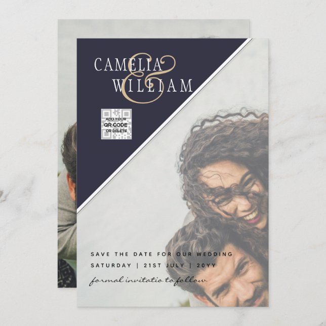 Modern PHOTO Wedding Invite QR CODE RSVP Blue (Front/Back)