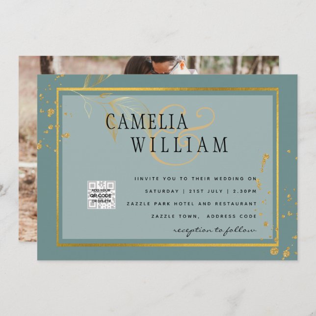 Modern PHOTO Wedding Invite QR CODE Rsvp Green (Front/Back)