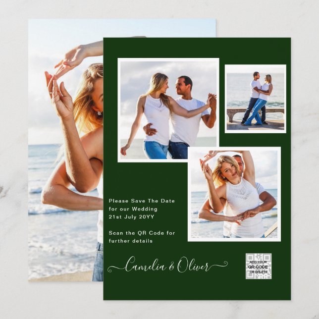 Modern PHOTO Wedding Invite QR CODE Rsvp Green (Front/Back)