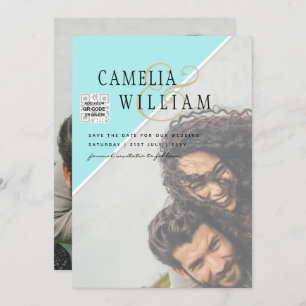 Modern PHOTO Wedding Invite QR CODE RSVP TEAL
