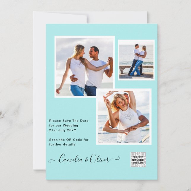 Modern PHOTO Wedding Invite QR CODE RSVP TEAL (Front)