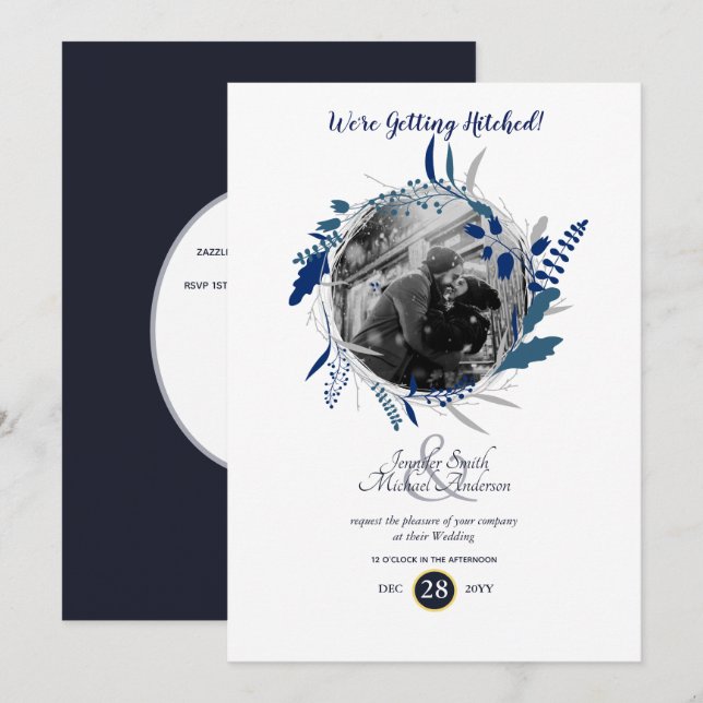Modern PHOTO Wedding Minimalist Blue Wreath Invitation (Front/Back)