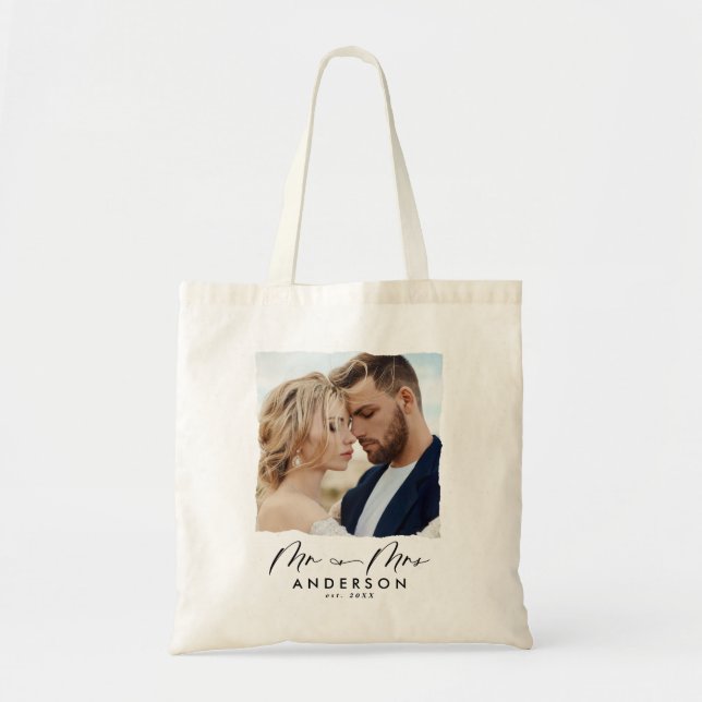 Modern photo wedding personalized mr and mrs tote bag (Front)