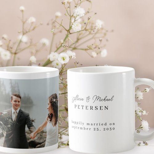Modern photo wedding personalized script names coffee mug