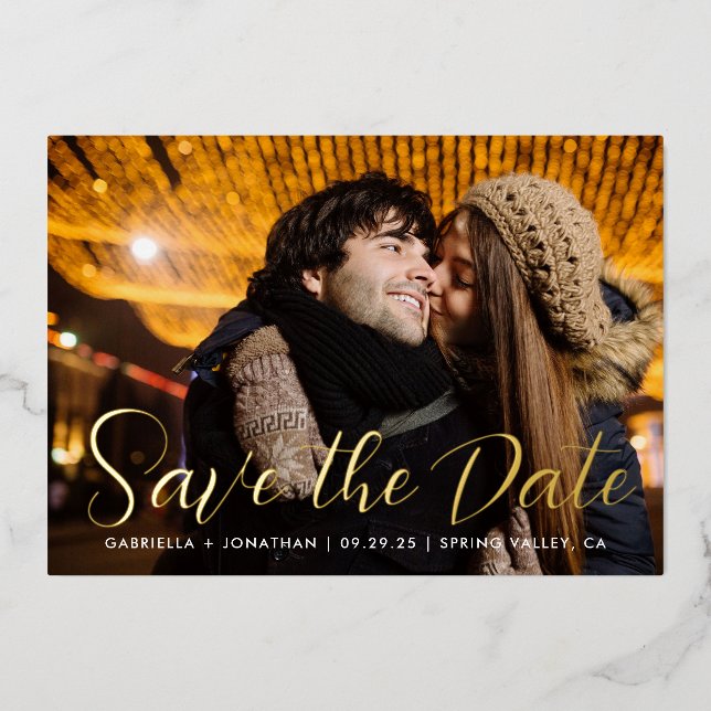 Modern Photo Wedding Save The Date Script Gold Foil Invitation (Front)