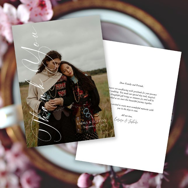 Modern Photo Wedding Thank You Card | Elegantt  (Personalized Elegant Vertical Script Photo Wedding Thank You Card)