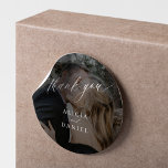 Modern photo wedding thank you favor  classic round sticker<br><div class="desc">Elegant simple minimal faded photo black overlay wedding favor thank you sticker featuring a classy stylish chic trendy calligraphy script.                      Easy to personalize with your couple's names and picture!</div>