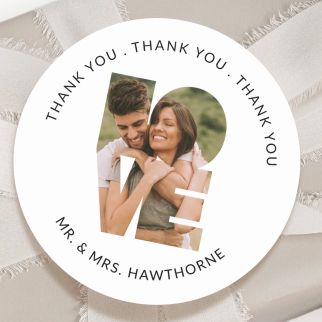 Modern Photo Wedding Thank you Love Letters Favor Classic Round Sticker (Creator Uploaded)