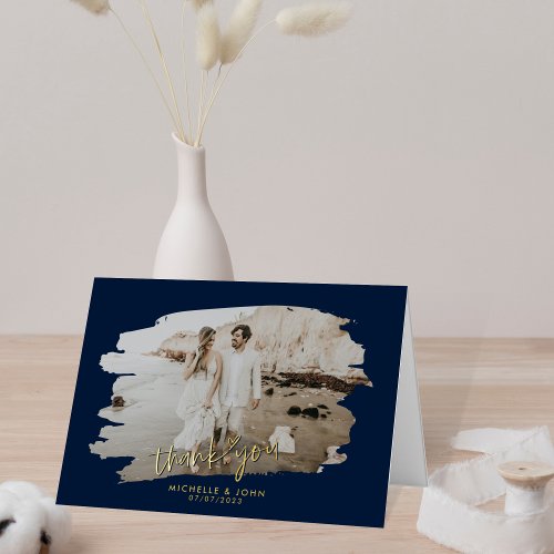 Modern Photo Wedding Thank You Simple Gold Navy Foil Greeting Card