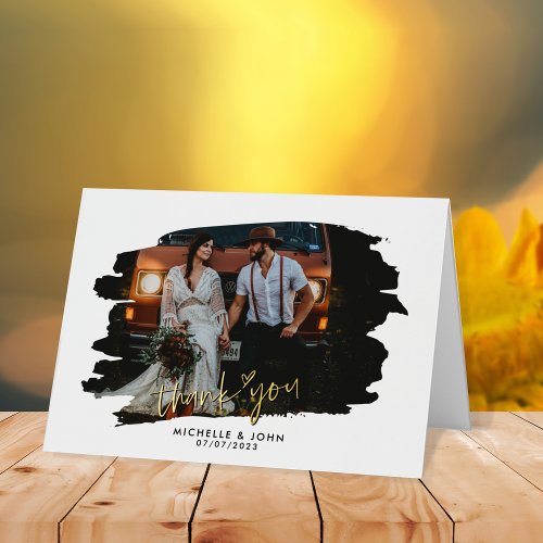 Modern Photo Wedding Thank You Simple Gold Script Foil Greeting Card