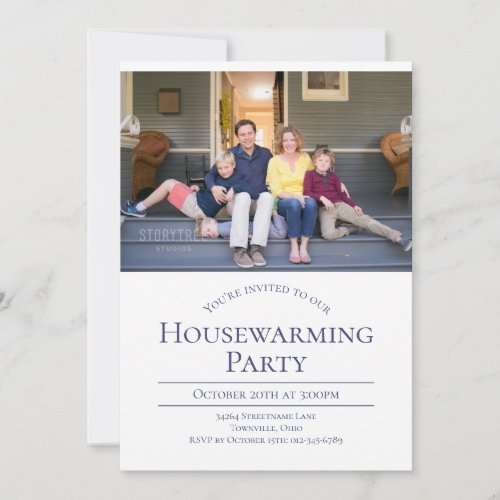 Modern Photo White Blue Housewarming Invitation