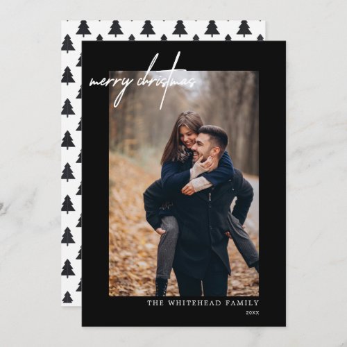 Modern Photo White Merry Christmas Black Holiday Card