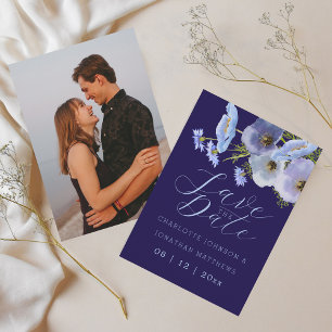 Modern Photo Wildflower Floral Navy Blue Wedding Save The Date