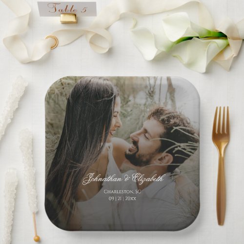 Modern Photo with Black Overlay Wedding Paper Plates