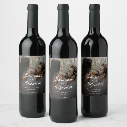 Modern Photo with Black Overlay Wedding Wine Label