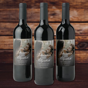 Modern Photo with Black Overlay Wedding Wine Label