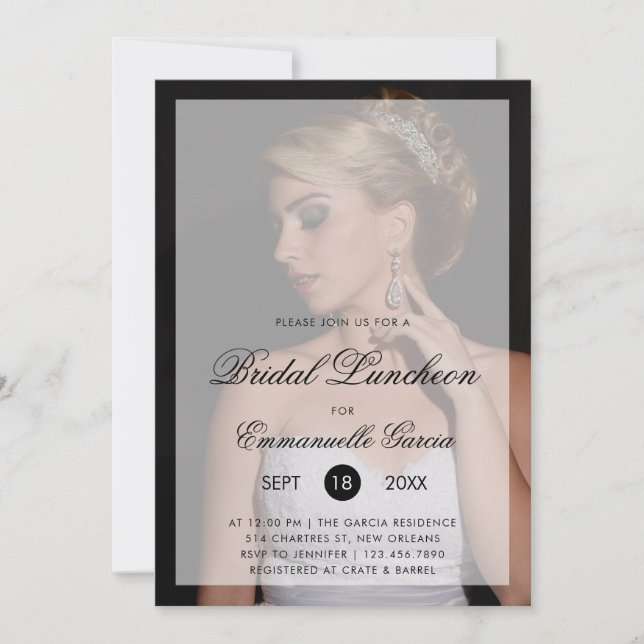 Modern Photo with Chic Script Bridal Luncheon Invitation (Front)
