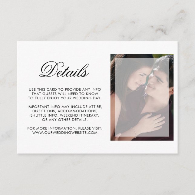 Modern Photo with Chic Script Wedding Details Enclosure Card (Front)