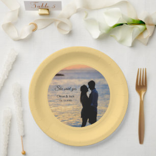 Modern Photo Yellow Orange She Said Yes Paper Plates