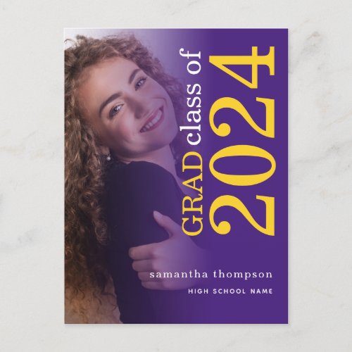 Modern Photo Yellow Purple 2024 Graduation Announcement Postcard