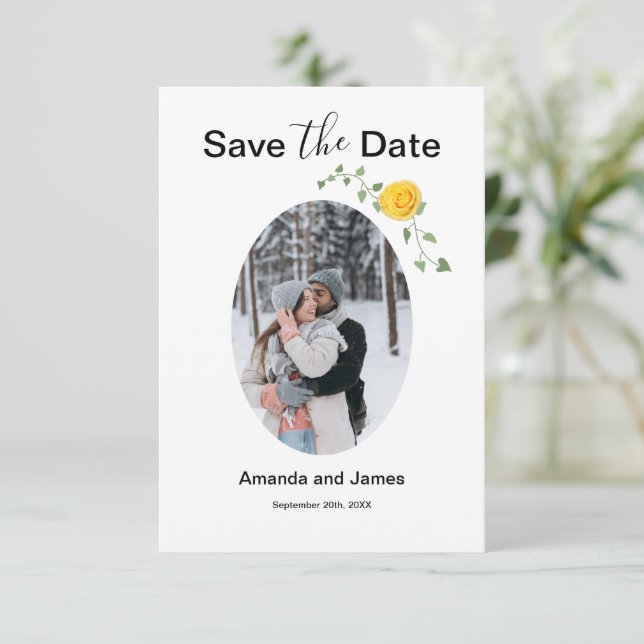 Modern Photo Yellow Rose and Vine White and Yellow Save The Date (Standing Front)