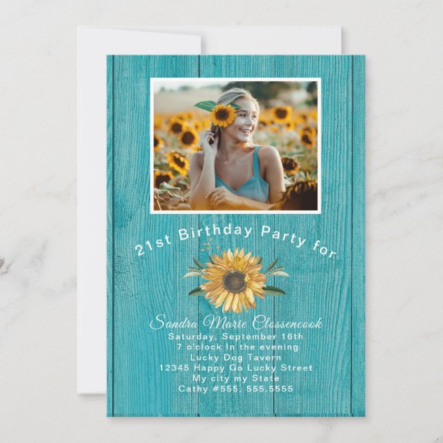 Modern Photo  Yellow Sunflower Teal Blue wood 21st Invitation (Front)