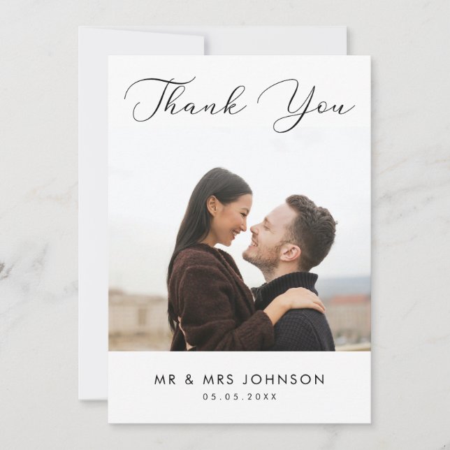 Modern Photograph Script Minimalist Plain Wedding Thank You Card (Front)