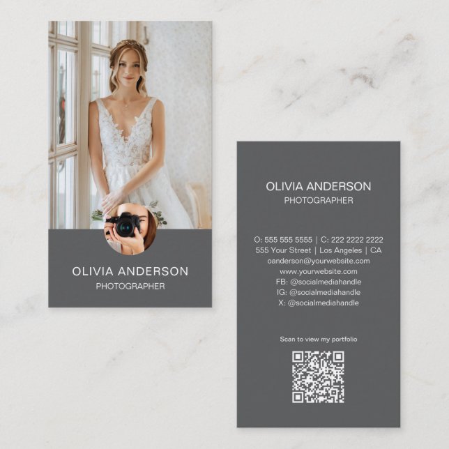Modern Photographer 2 Photos QR Code Simple Gray Business Card (Front/Back)