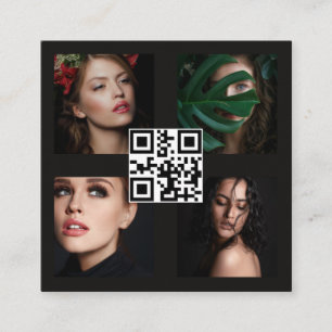 Modern Photographer 4 Photos Grid Black QR Code  Square Business Card