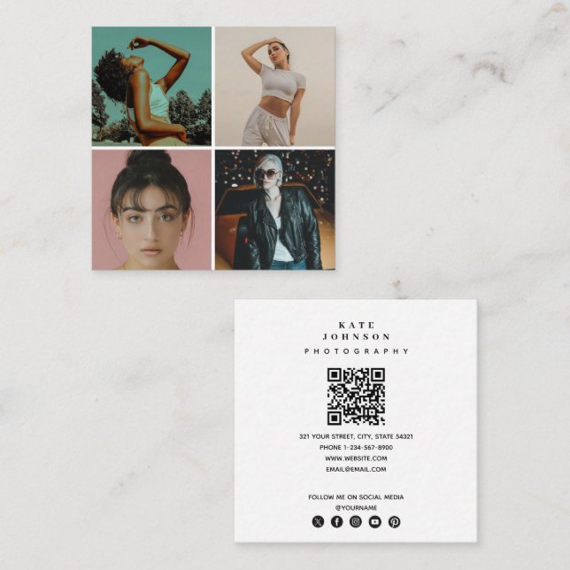 Modern Photographer 4 Photos Grid QR Code Square Business Card (Front/Back)