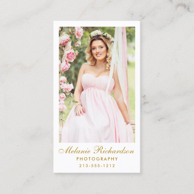 Modern Photographer Gold Script Photo Business Card (Front)