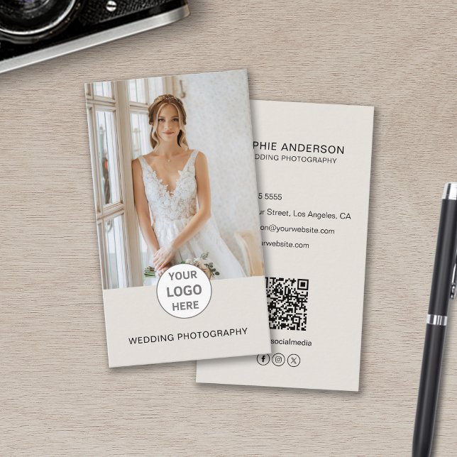 Modern Photographer Logo Photo QR Social Media Tan Business Card (Modern Photographer Logo Photo QR Social Media Tan Business Card)