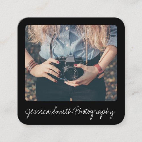 Modern photographer photo script black and white square business card