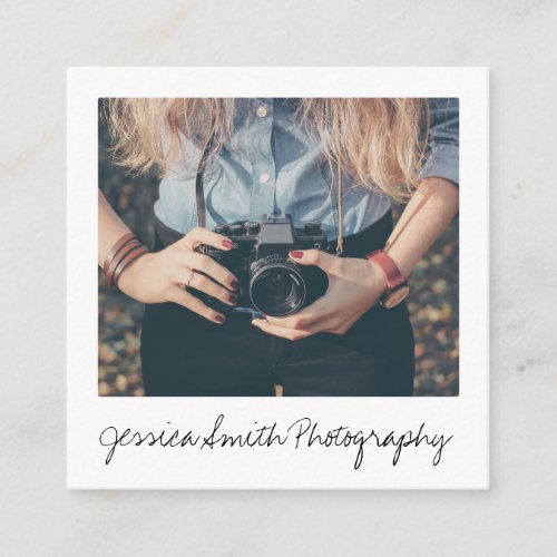 Modern photographer photo script black and white square business card