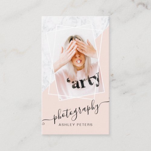 Modern photography blush pink marble script photo business card
