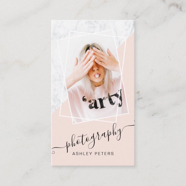 Modern photography blush pink marble script photo business card (Front)