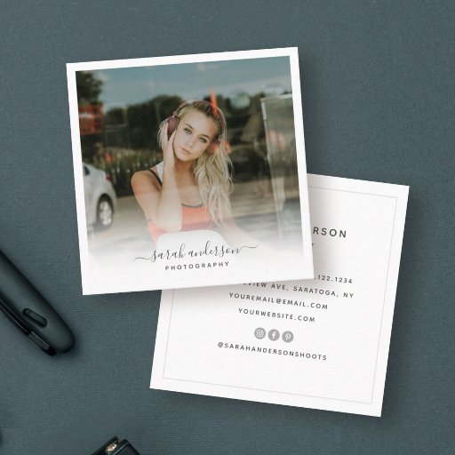 Customizable Modern Photography Calligraphy Script Trendy Chic Square Business Card