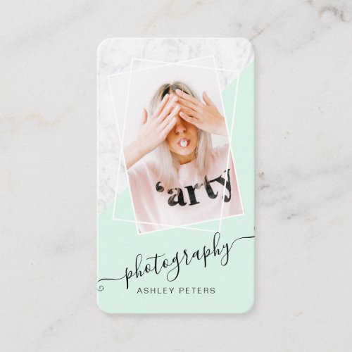 Modern photography mint marble script photo business card