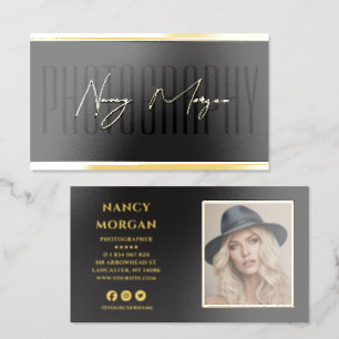 Modern Photography Script Black And Gold Foil Business Cards