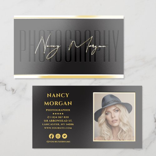 Modern Photography Script Black And Gold Foil Business Cards