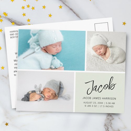 Modern Photos Grid Birth Announcement Postcard