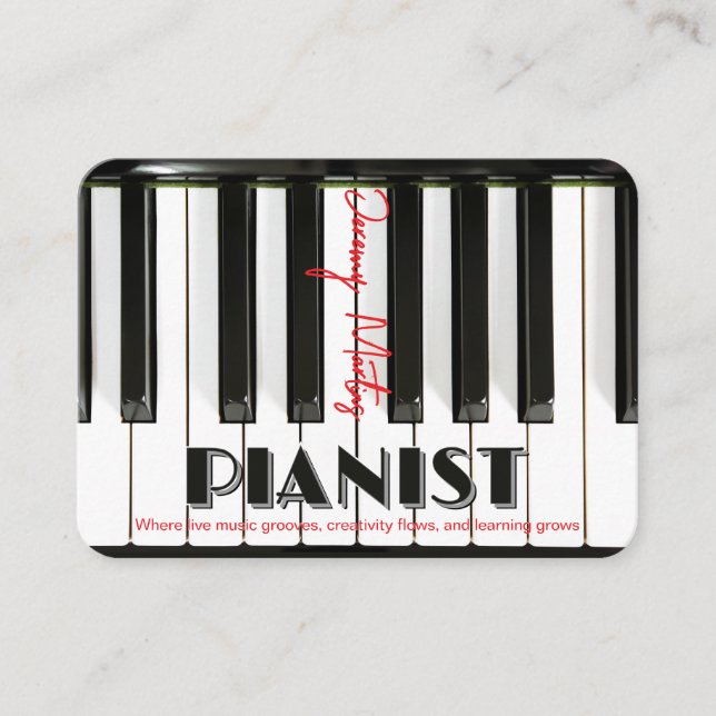Modern Piano Keyboard Red Black Pianist Business Card (Front)